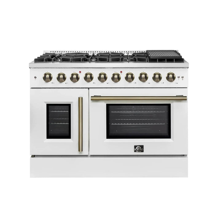 Forno Galiano 48"French Door Freestanding All Gas Range, White with Antique Brass Trim, FFSGS6444-48WHT09K