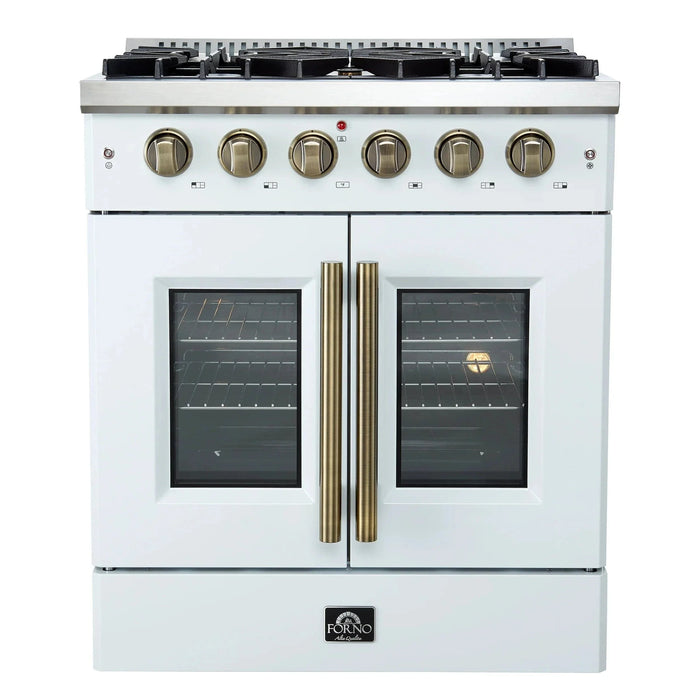 Forno Galiano 30" French Door Gas on Gas Range White Antique Brass Trim FFSGS6444-30WHT09K