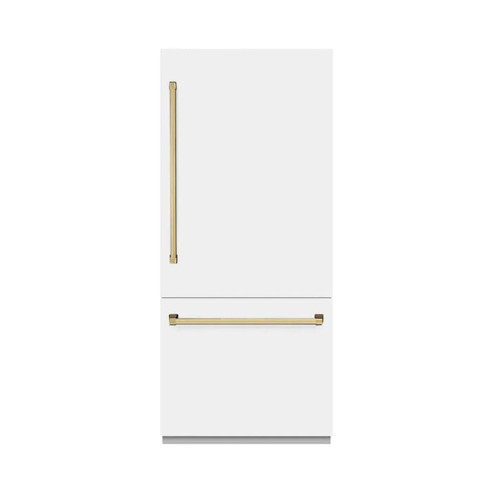 ZLINE 36" Built-In Bottom Freezer Refrigerator,Water Dispenser, Ice Maker, White Matte Graphite Gray Polished Gold GRBITZ-WM-36-G09K