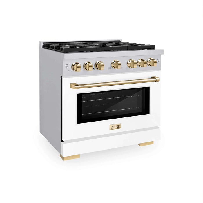 ZLINE 36"Paramount Dual Fuel Range White Matte Gold SDRZ-WM-36-G09K