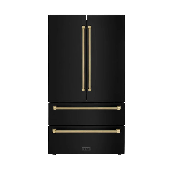ZLINE Autograph Edition 36" Counter-Depth French Door Refrigerator, Ice Maker, Fingerprint-Resistant Black Stainless Steel, Helix Handles RFMZ-36-BS-KCB09K