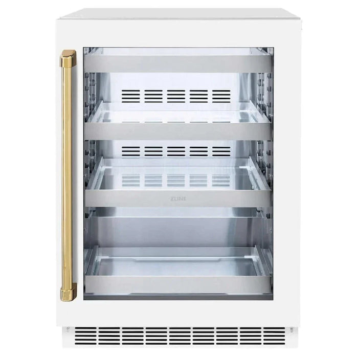 ZLINE 24" Touchstone 151 Can Beverage Fridge White Matte Glass Door Polished Gold Handle RBSOZ-WM-24-G09K