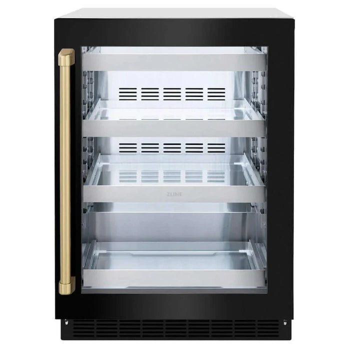 ZLINE 24" Touchstone 151 Can Beverage Fridge Black Stainless Steel Glass Door Champagne Bronze Handle RBSOZ-BS-24-CB09K