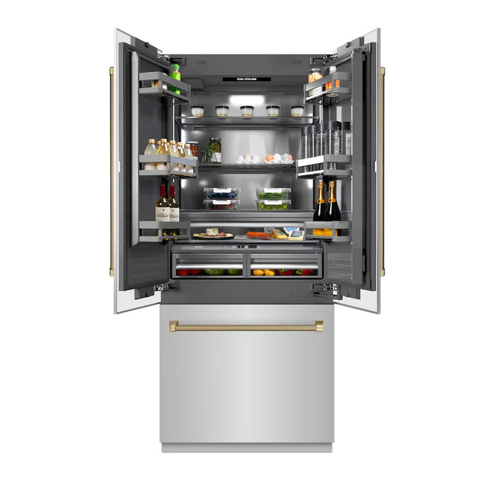 ZLINE Autograph Edition 36" French Door Built-In Bottom Freezer Refrigerator, Water Dispenser, Ice Maker, Stainless Steel, Graphite Gray Interior, Helix Handles GRBIVZ-30436KCB09K
