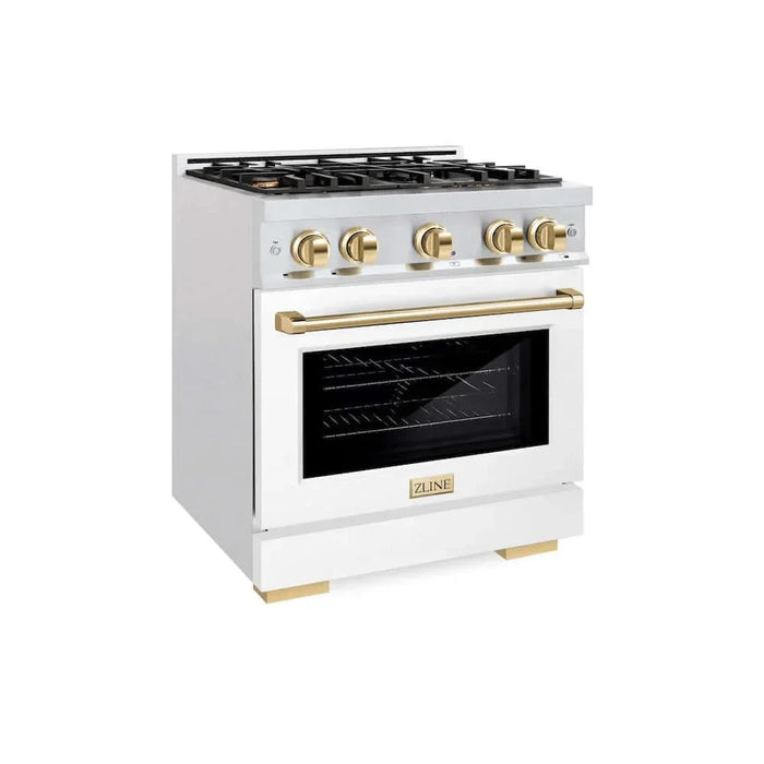 ZLINE 30" Select Dual Fuel Range Gas Cooktop Electric Convection Oven DuraSnow® Stainless Steel White Matte Door Polished Gold HDRSZ-WM-30-G09K