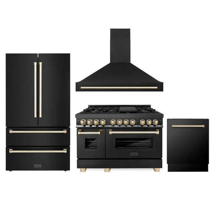 ZLINE Autograph Edition 48"Kitchen Package, Black Stainless Steel Dual Fuel Range, Range Hood, Dishwasher and Refrigeration, 4AKPR-RABRHDWV48-G09K