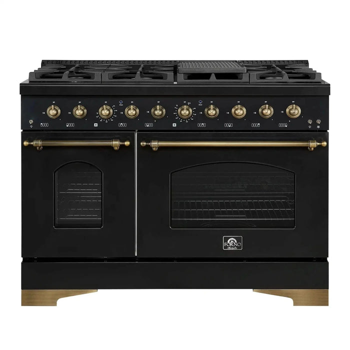 Forno Antico 48"Gas Range 8 Gas Burner Cooktop, Gas Convection Oven Black, Antique Brass Trim, FFSGS6219-48BLK09K