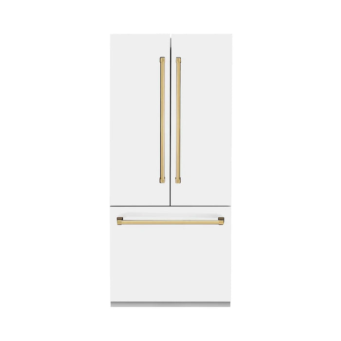 ZLINE 36" Autograph Edition French Door Refrigerator, Internal Water, Ice Dispenser, White Matte, Champagne Bronze Accents RBIVZ-WM-36-CB09K