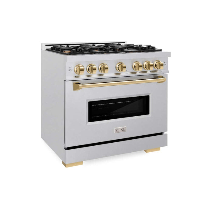 ZLINE 36" Dual Fuel Range, Gas Cooktop, Electric Convection Oven DuraSnow® Stainless Steel, Gold CDRSZ-36-G09K