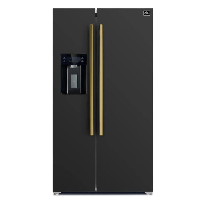 Forno Espresso Salerno 36"Side-by-Side Refrigerator, Water Dispenser, Black with Antique Brass Handle FFRBI1844-36BLK09K