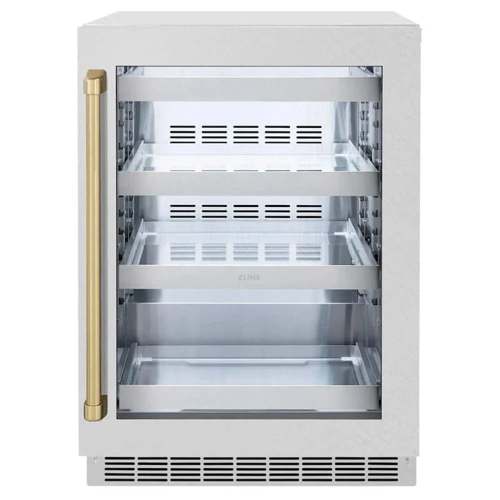 ZLINE 24" Touchstone 151 Can Beverage Fridge DuraSnow® Stainless Steel Glass Door And Champagne Bronze Handle RBSOZ-SN-24-CB09K