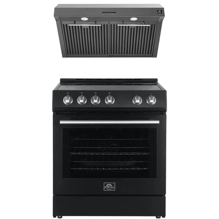 Forno Espresso Package - 30" Electric Range, Range Hood, Black with Silver Handles FBDL-002-02US09K