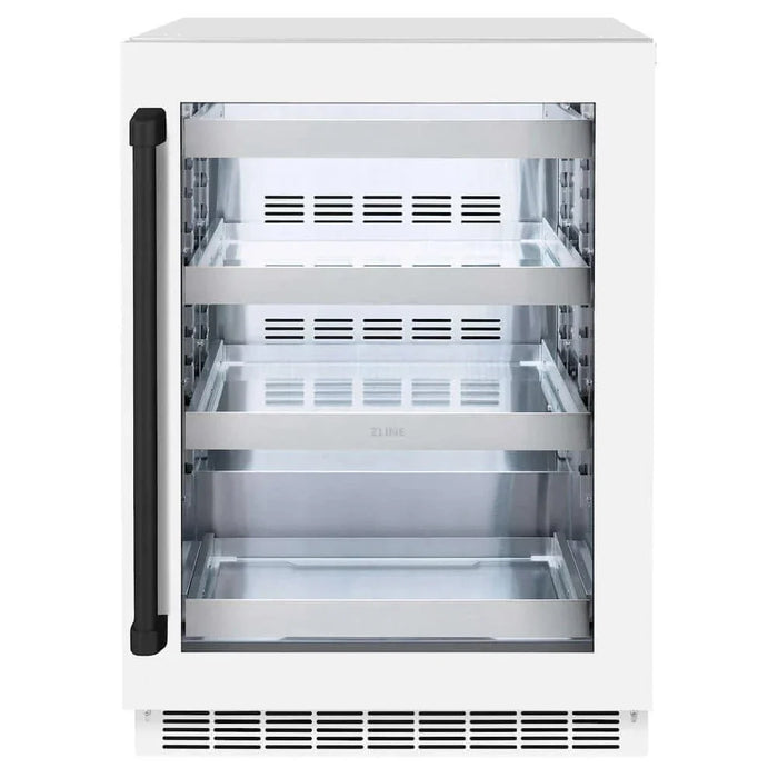 ZLINE 24" Touchstone 151 Can Beverage Fridge White Matte Glass Door Matte Black Handle RBSOZ-WM-24-MB09K
