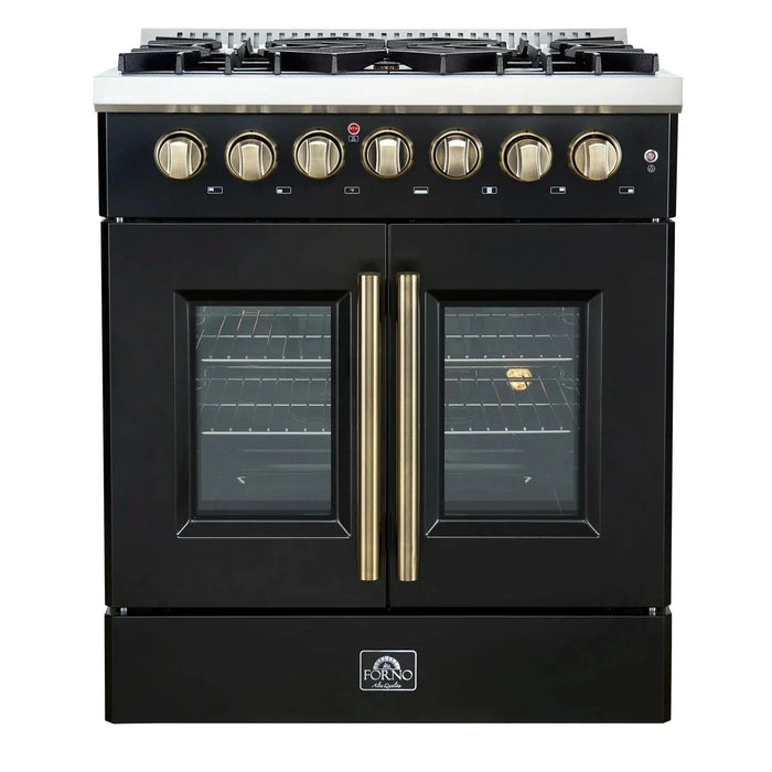 Forno Galiano 30"French Door Dual Fuel Range 5 Gas Burners, Electric Convection Oven Black, Antique Brass Trim, FFSGS6356-30BLK09K