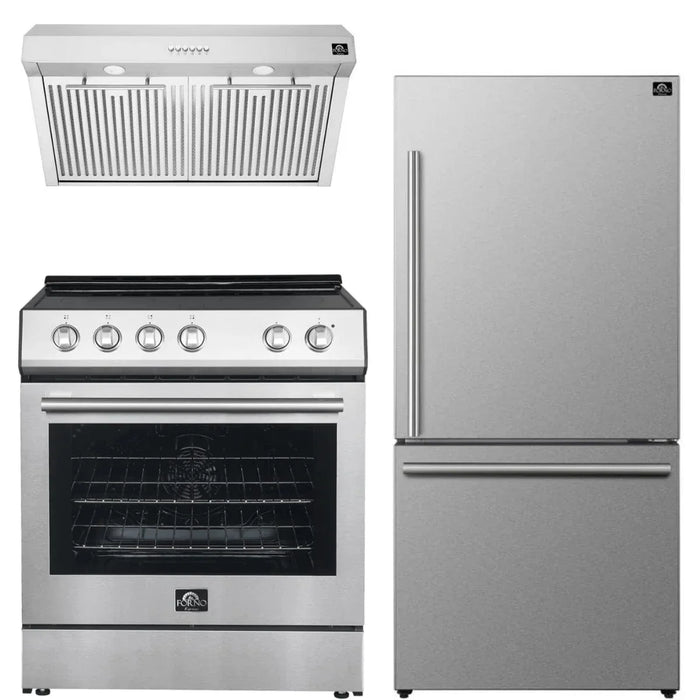 Forno Espresso Package - 30" Electric Range, Range Hood and Refrigerator in Stainless Steel with Silver Handles, FBDL-001-01US09K