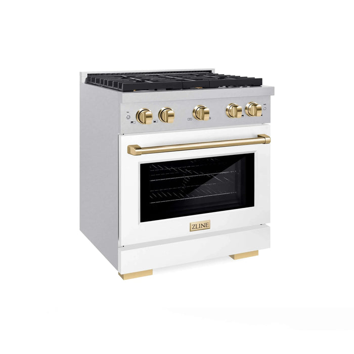 ZLINE 30"Paramount Dual Fuel Range DuraSnow® White Matte, Gold SDRSZ-WM-30-G09K
