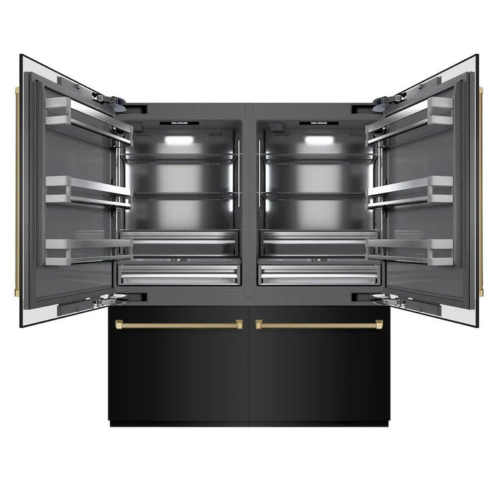 ZLINE Autograph Edition 72" French Door Built-In Bottom Freezer Refrigerator, Water Dispensers, Ice Makers, Black Stainless Steel, Graphite Gray Interior, Helix Handles GRBITZ-BS72-KCB09K