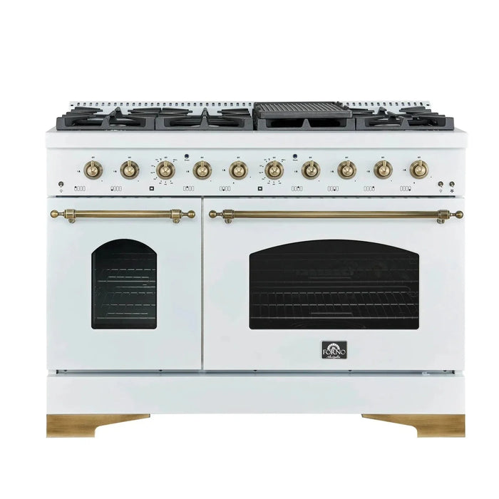 Forno Antico 48"Dual Range, 8 Gas Burner Cooktop, Electric Convection Oven White, Antique Brass Trim, FFSGS6113-48WHT09K