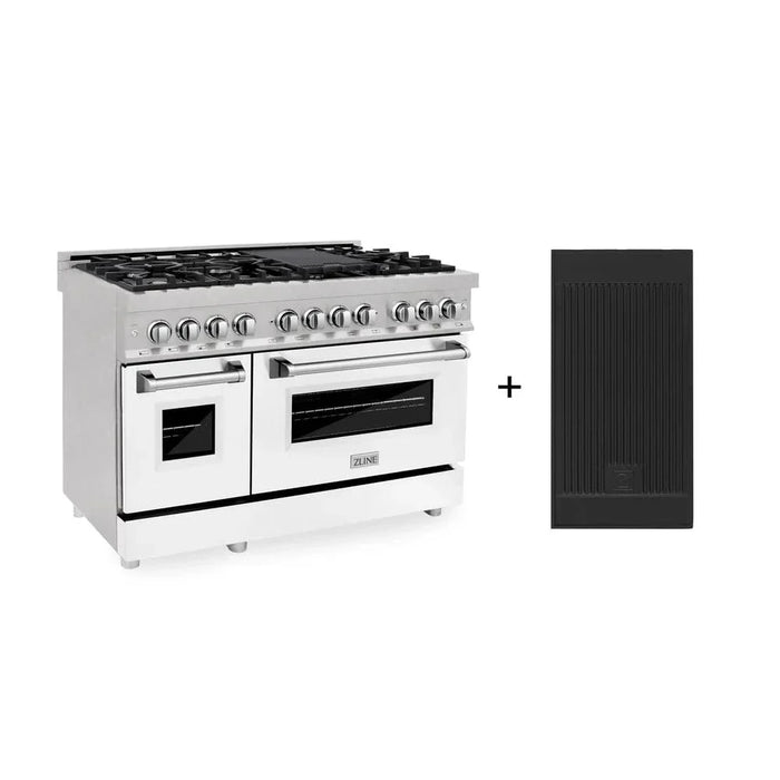 ZLINE 48" Dual Fuel Range Snow Stainless, White Matte Door, Griddle RAS-WM-GR-4809K