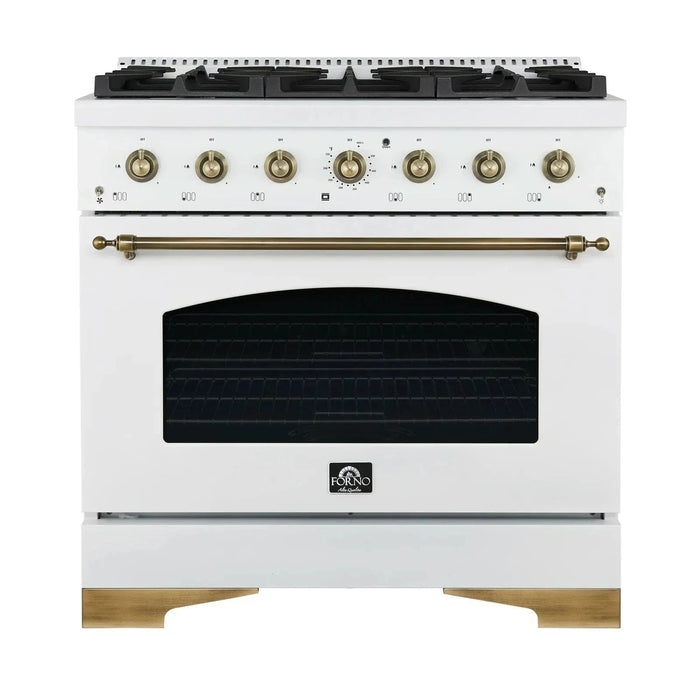 Forno Antico 36" Gas Range 6 Gas Burner Cooktop, Gas Convection Oven White, Antique Brass Trim, FFSGS6219-36WHT09K