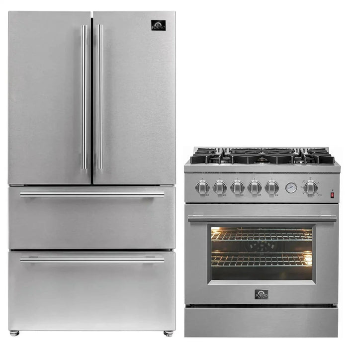 FORNO 2-Piece Appliance Package- 30" Gas Range, 36" French Door Refrigerator Stainless Steel FBDL-020-02-US09K