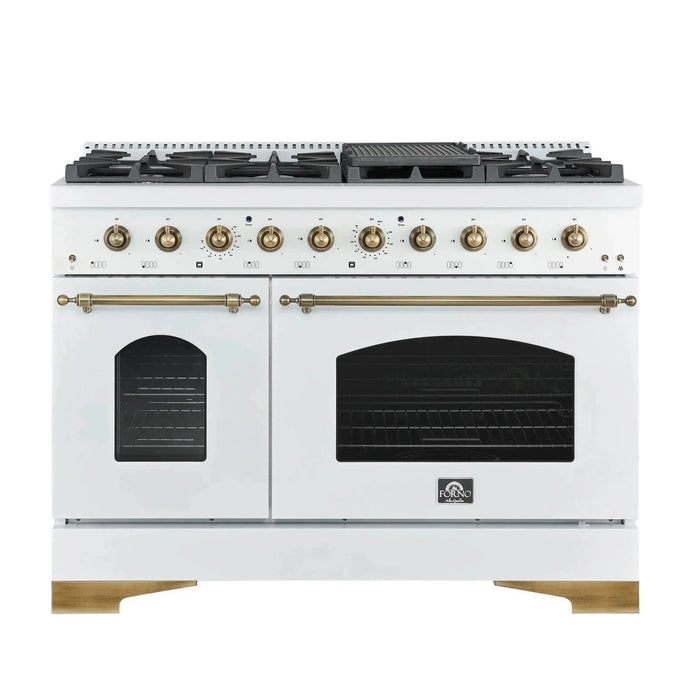 Forno Antico 48"Gas Range 8 Gas Burner Cooktop, Gas Convection Oven White, Antique Brass Trim, FFSGS6219-48WHT09K