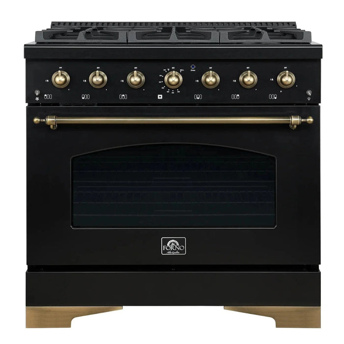 Forno Antico 36" Dual Fuel Range 6 Gas Burner Cooktop Electric Convection Oven Black Antique Brass Trim, FFSGS6113-36BLK09K