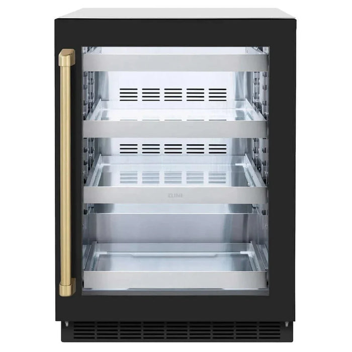 ZLINE 24" Touchstone 151 Can Beverage Fridge Black Matte Glass Door Champagne Bronze Handle RBSOZ-BLM-24-CB09K