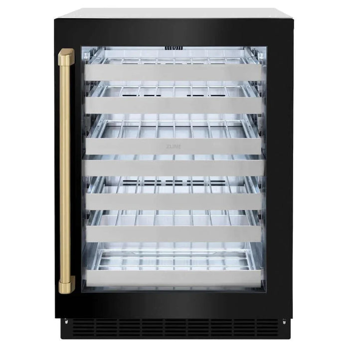 ZLINE 24" Touchstone Dual Zone 44 Bottle Wine Cooler Black Stainless Steel Glass Door Champagne Bronze Handle  RWDOZ-BS-24-CB09K