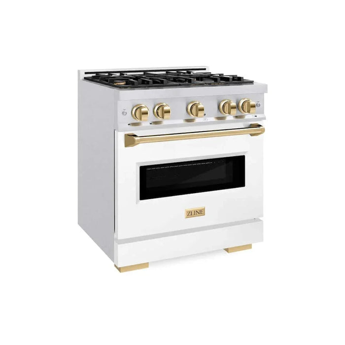ZLINE 30" Dual Fuel Range, Gas Cooktop, Electric Convection Oven DuraSnow® Stainless Steel, White Matte Door, Gold CDRSZ-WM-30-G09K