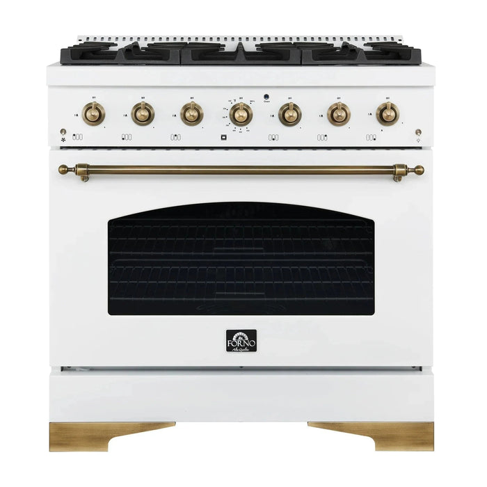 Forno Antico 36" Dual Fuel Range White and Antique Brass Design 6 Sealed Gas Burners Electric Convection Oven , FFSGS6113-36WHT09K