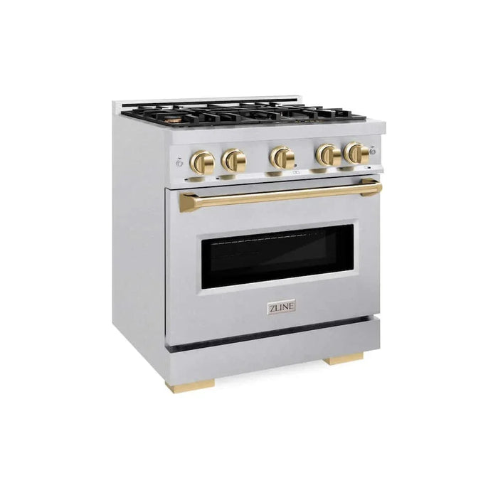 ZLINE 30" Dual Fuel Range, Gas Cooktop, Electric Convection Oven DuraSnow® Stainless Steel, Gold CDRSZ-30-G09K