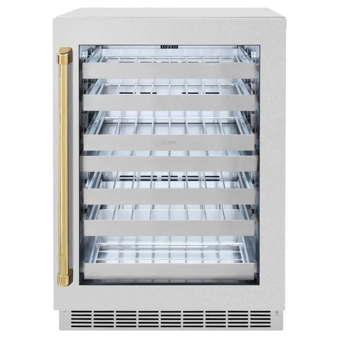 ZLINE 24" Touchstone Dual Zone 44 Bottle Wine Cooler DuraSnow® Stainless Steel Glass Door Polished Gold Handle RWDOZ-SN-24-G09K