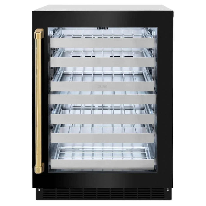 ZLINE 24" Touchstone Dual Zone 44 Bottle Wine Cooler Black Stainless Steel Glass Door Polished Gold Handle  RWDOZ-BS-24-G09K