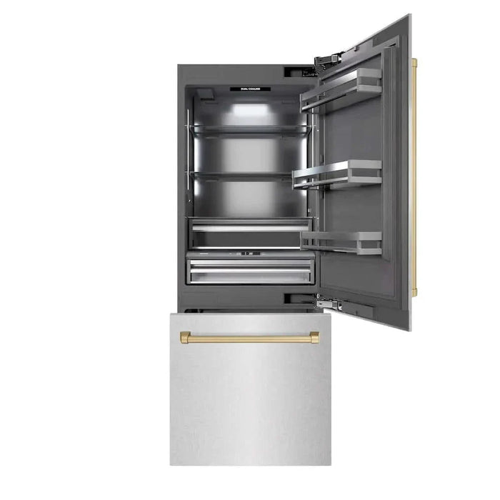 ZLINE 30" Built-In Bottom Freezer Refrigerator with Water Dispenser, Ice Maker, DuraSnow® Stainless Steel, Graphite Gray Interior, Champagne Bronze GRBIVZ-SN-30-CB09K