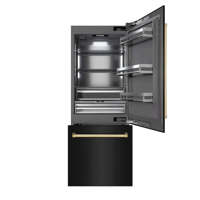 ZLINE 30" Built-In Bottom Freezer Refrigerator with Water Dispenser, Ice Maker, Black Stainless Steel, Graphite Gray Interior, Polished Gold GRBIVZ-BS-30-G09K