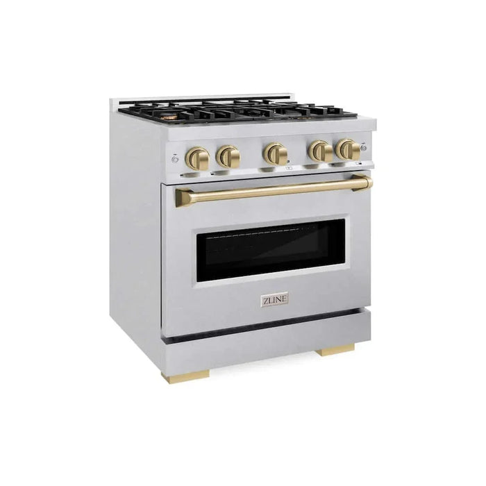 ZLINE 30" Dual Fuel Range, Gas Cooktop, Electric Convection Oven DuraSnow® Stainless Steel, Champagne Bronze CDRSZ-30-CB09K