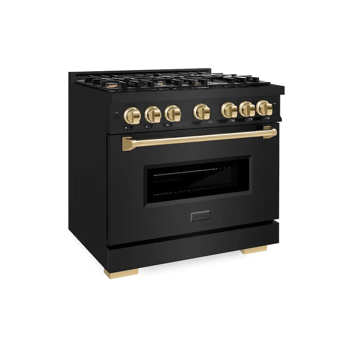 ZLINE 36" Dual Fuel Range, Gas Cooktop, Electric Convection Oven Black Stainless Steel, Gold CDRBZ-36-G09K