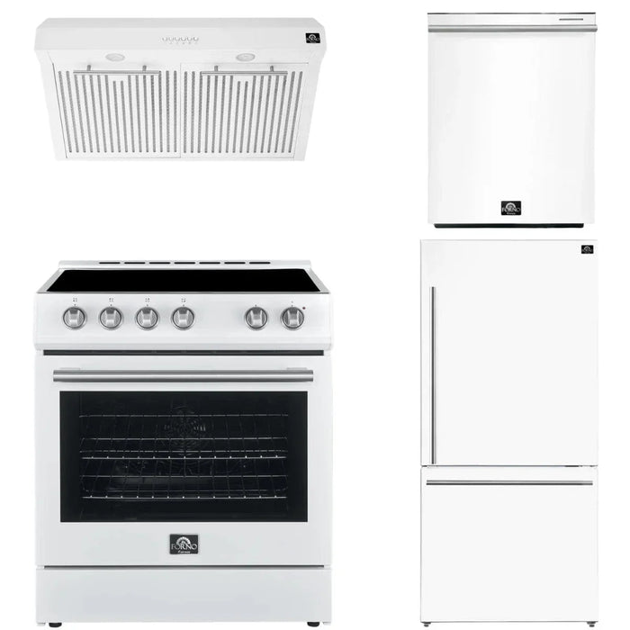 Forno Espresso Package - 30" Electric Range, Range Hood, Refrigerator and Dishwasher in White with Silver Handles, FBDL-006-03US09K