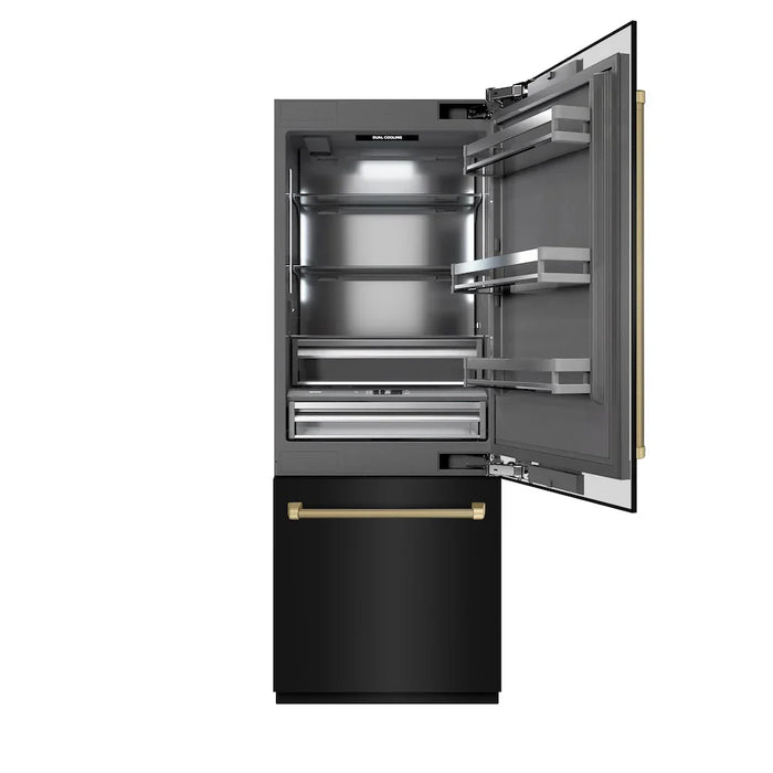 ZLINE Autograph Edition 30" Built-In Bottom Freezer Refrigerator, Water Dispenser, Ice Maker, Black Stainless Steel, Graphite Gray Interior,Helix Handles GRBIVZ-BS30KCB09K