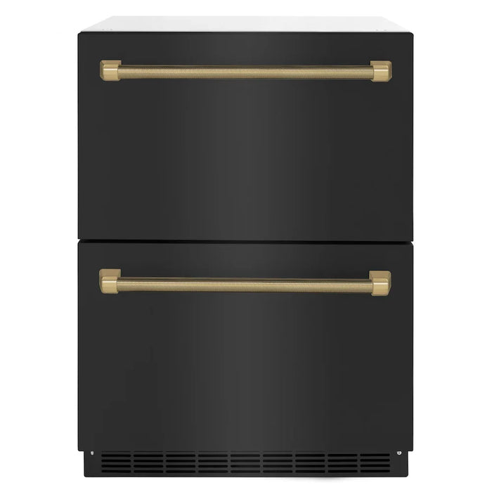 ZLINE Autograph Edition 24" Touchstone 168 Can Outdoor-Rated Dual Refrigerator Drawer, Black Stainless Steel Doors, Helix Handles RDSOZ-BS-24-KCB09K