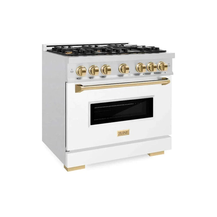 ZLINE 36"Classic Gas Range, Convection Gas Oven, DuraSnow® Stainless Steel, White Matte Door Polished Gold CGRSZ-WM-36-G09K