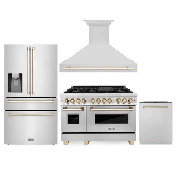 ZLINE Autograph Edition 48" Kitchen Package, Stainless Steel Dual Fuel Range, Range Hood, Dishwasher, French Door Refrigerator External Water Dispenser, 4AKPR-RARHDWM48-G09K