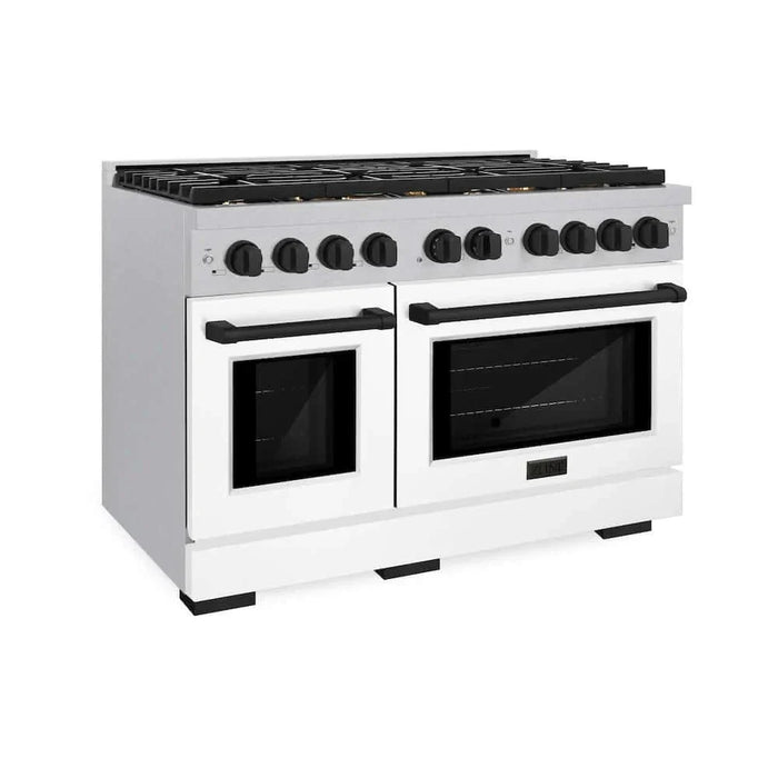 ZLINE 48"Gas Range, Convection Gas Oven, DuraSnow® White Matte, Matte Black SGRSZ-WM-48-MB09K