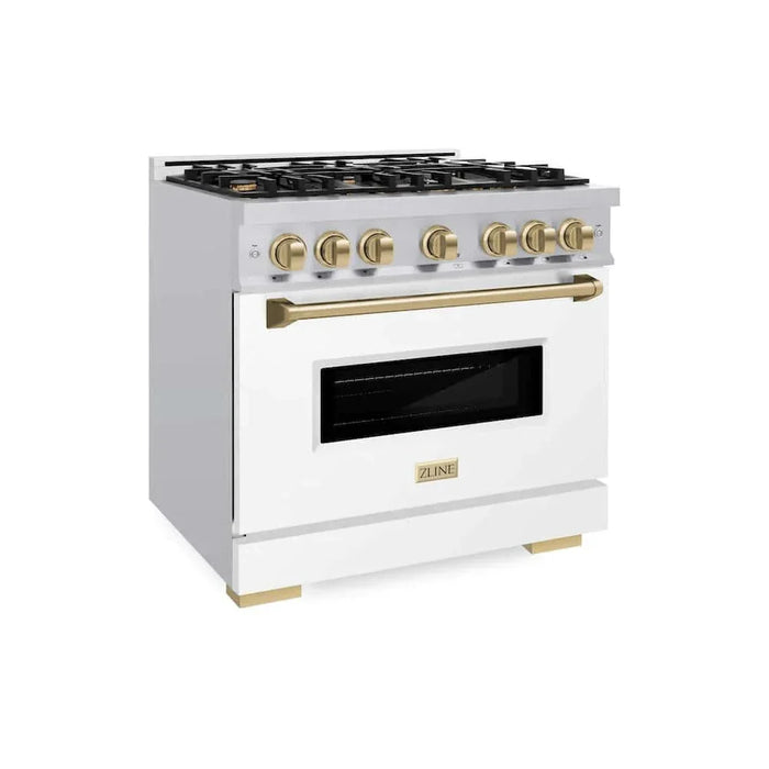 ZLINE 36" Classic Gas Range, Convection Gas Oven Stainless Steel, White Matte Door Champagne Bronze CGRZ-WM-36-CB09K