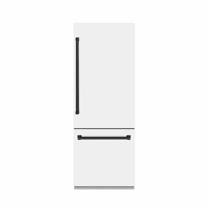 ZLINE 30" Built-In Bottom Freezer Refrigerator with Water Dispenser, Ice Maker, White Matte, Graphite Gray Interior, Matte Black GRBIVZ-WM-30-MB09K