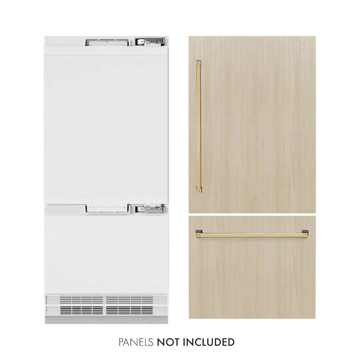 ZLINE 36" Panel Ready Built-In Bottom Freezer Refrigerator,Water Dispenser, Ice Maker, Polished Gold RBITZ-36-G09K