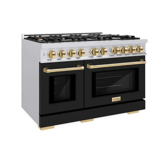 ZLINE 48" Select Dual Fuel Range Gas Cooktop Electric Convection Oven Stainless Steel Black Matte Doors Gold HDRZ-BLM-48-G09K