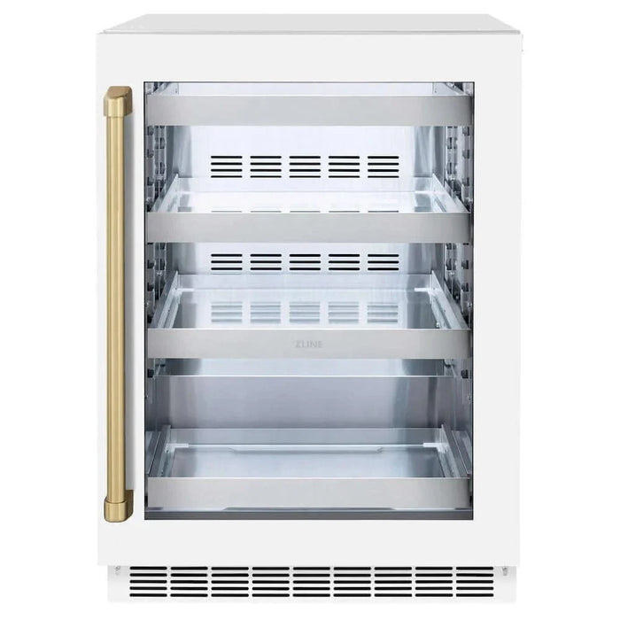 ZLINE 24" Touchstone 151 Can Beverage Fridge White Matte Glass Door Champagne Bronze Handle RBSOZ-WM-24-CB09K