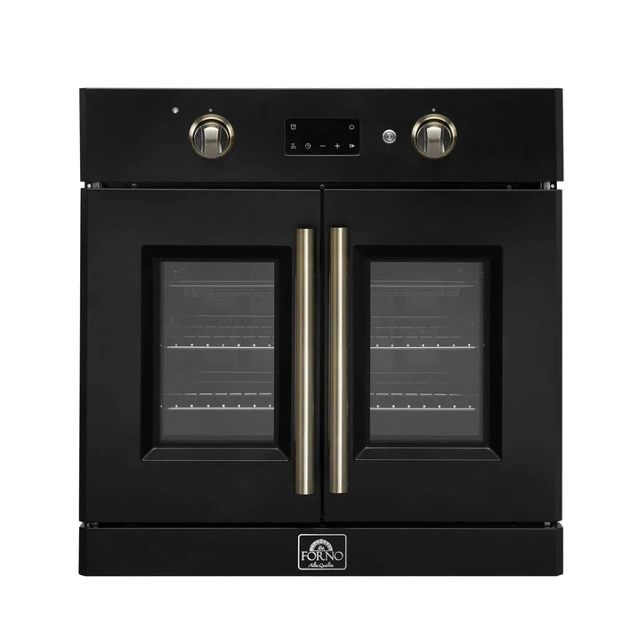 Forno Asti 30"French Door Electric Wall Oven in Black with Antique Brass Trim, FBOEL1333-30BLK09K
